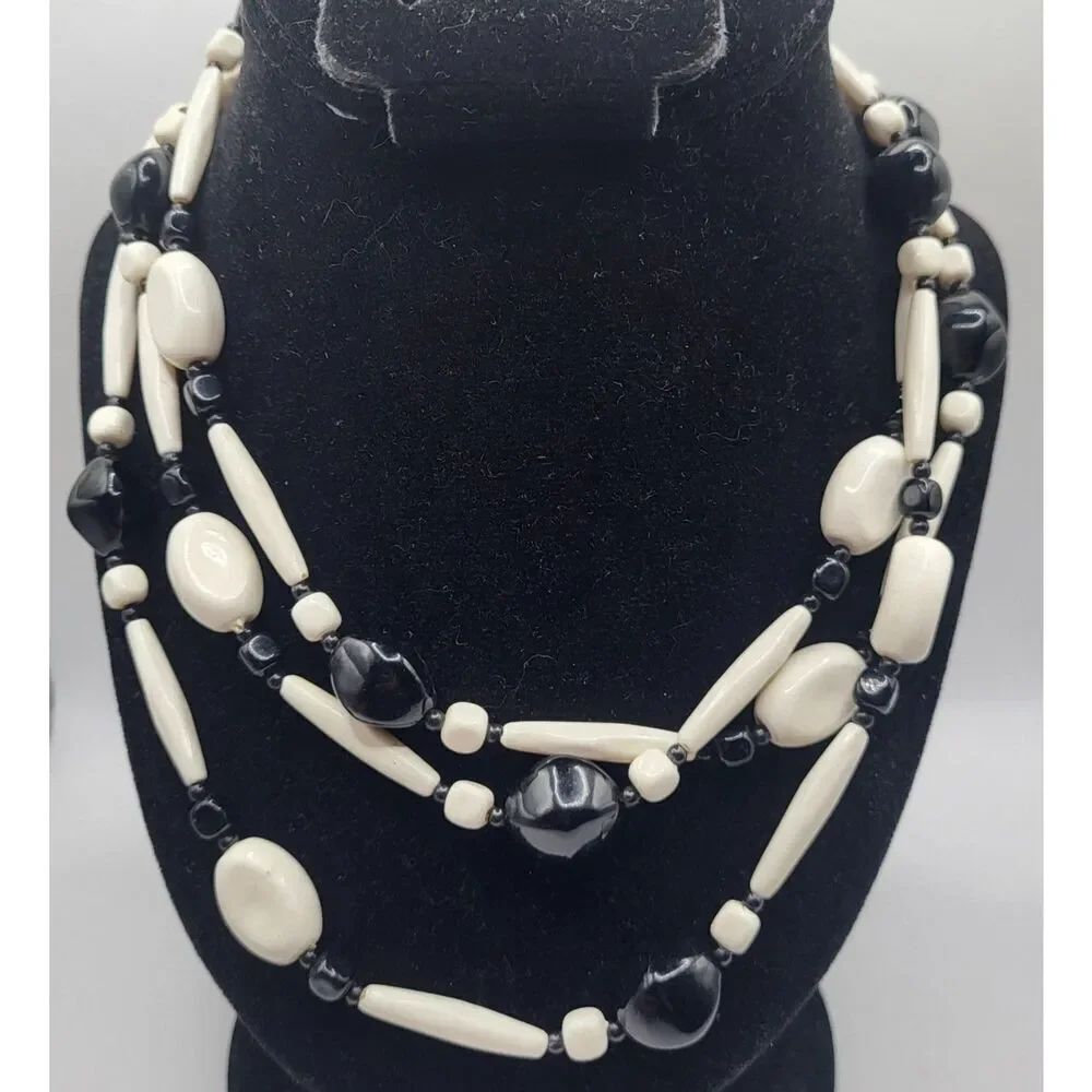 Vintage 70s Extra Long Strand Black White Beaded Necklace 53in